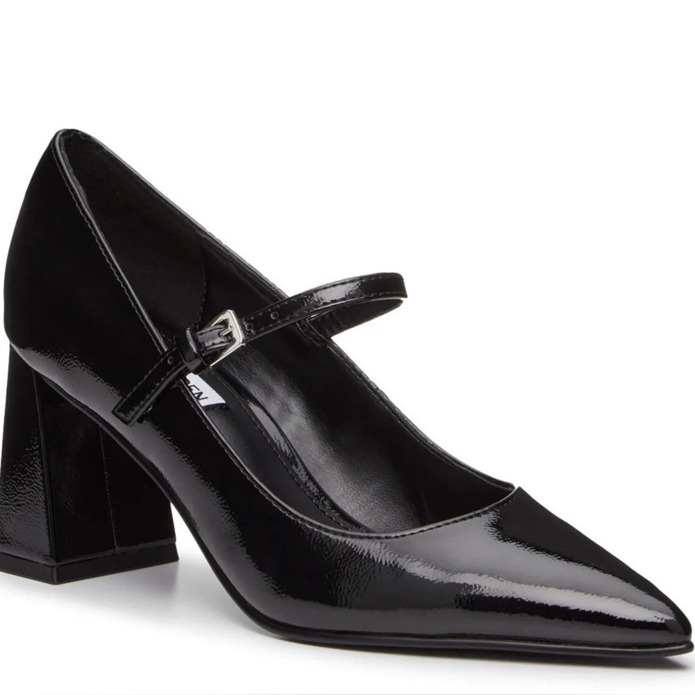 STEVE MADDEN Arlee Black Patent Leather Pointed Toe Pumps Heels Mary Jane Block